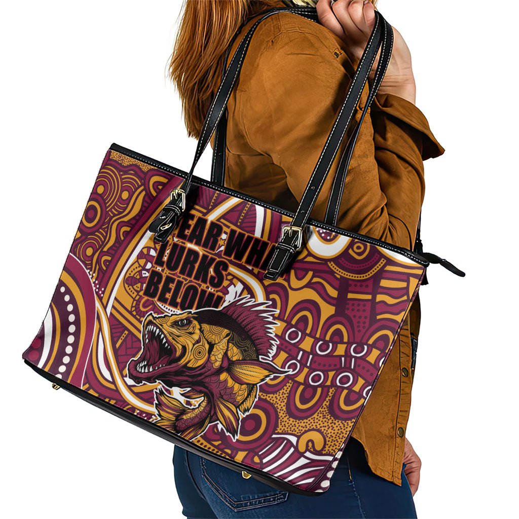 Aboriginal Barramundi Fishing Fear What Lurks Below Leather Tote Bag Indigenous Australian Dot Predatory Fish
