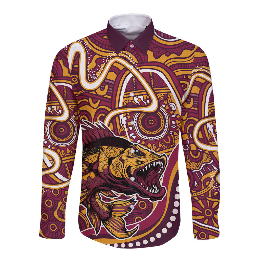 Aboriginal Barramundi Fishing Fear What Lurks Below Long Sleeve Button Shirt Indigenous Australian Dot Predatory Fish