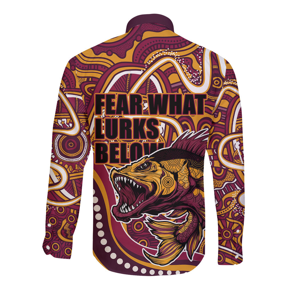Aboriginal Barramundi Fishing Fear What Lurks Below Long Sleeve Button Shirt Indigenous Australian Dot Predatory Fish