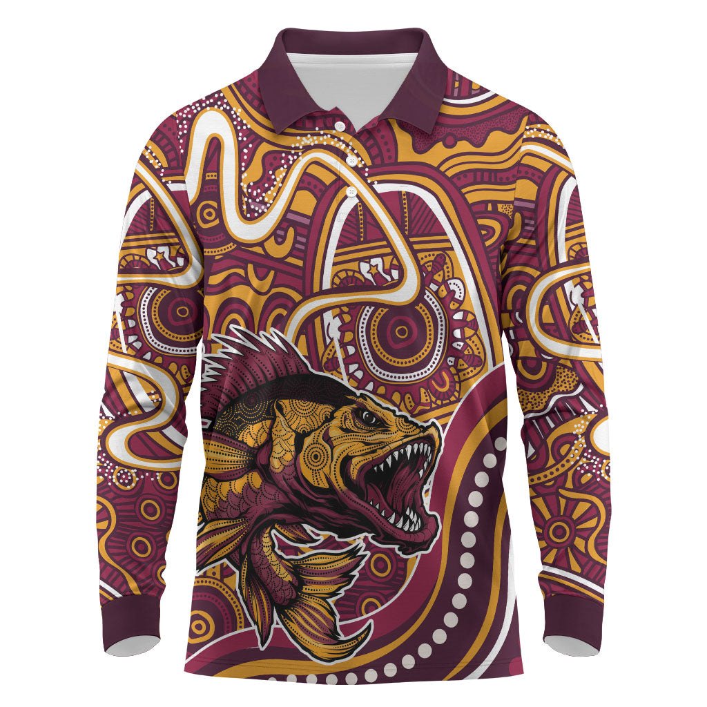 Aboriginal Barramundi Fishing Fear What Lurks Below Long Sleeve Polo Shirt Indigenous Australian Dot Predatory Fish
