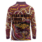 Aboriginal Barramundi Fishing Fear What Lurks Below Long Sleeve Polo Shirt Indigenous Australian Dot Predatory Fish