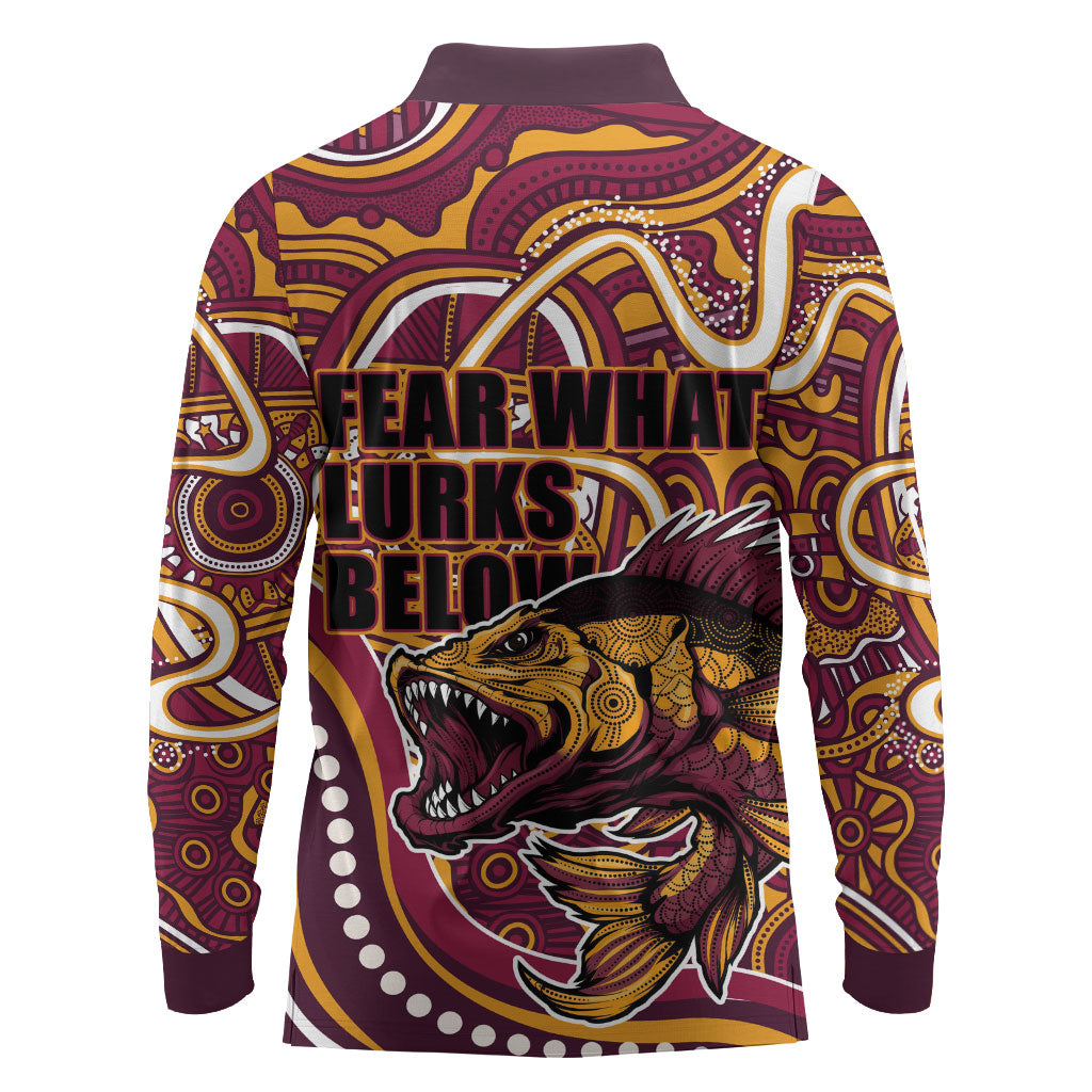 Aboriginal Barramundi Fishing Fear What Lurks Below Long Sleeve Polo Shirt Indigenous Australian Dot Predatory Fish