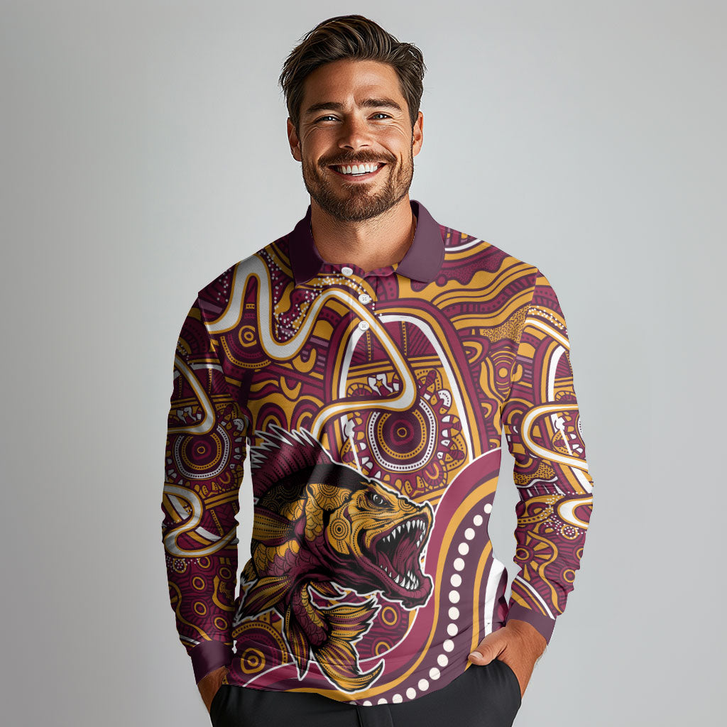 Aboriginal Barramundi Fishing Fear What Lurks Below Long Sleeve Polo Shirt Indigenous Australian Dot Predatory Fish