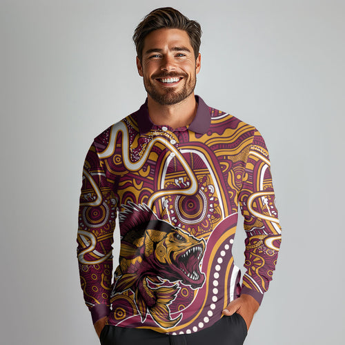 Aboriginal Barramundi Fishing Fear What Lurks Below Long Sleeve Polo Shirt Indigenous Australian Dot Predatory Fish