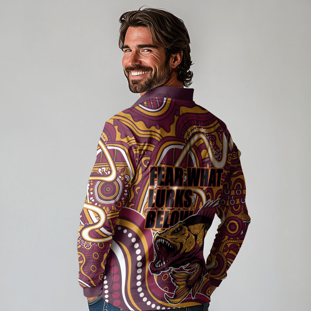 Aboriginal Barramundi Fishing Fear What Lurks Below Long Sleeve Polo Shirt Indigenous Australian Dot Predatory Fish