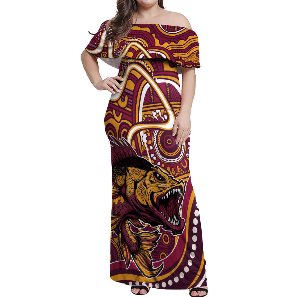 Aboriginal Barramundi Fishing Fear What Lurks Below Off Shoulder Maxi Dress Indigenous Australian Dot Predatory Fish