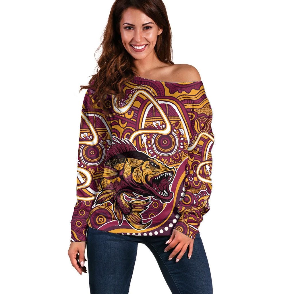 Aboriginal Barramundi Fishing Fear What Lurks Below Off Shoulder Sweater Indigenous Australian Dot Predatory Fish