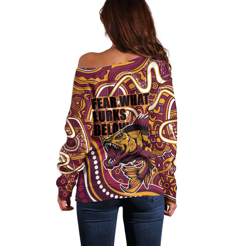 Aboriginal Barramundi Fishing Fear What Lurks Below Off Shoulder Sweater Indigenous Australian Dot Predatory Fish