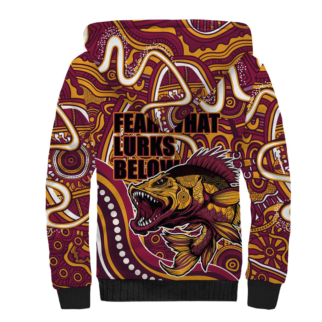 Aboriginal Barramundi Fishing Fear What Lurks Below Sherpa Hoodie Indigenous Australian Dot Predatory Fish