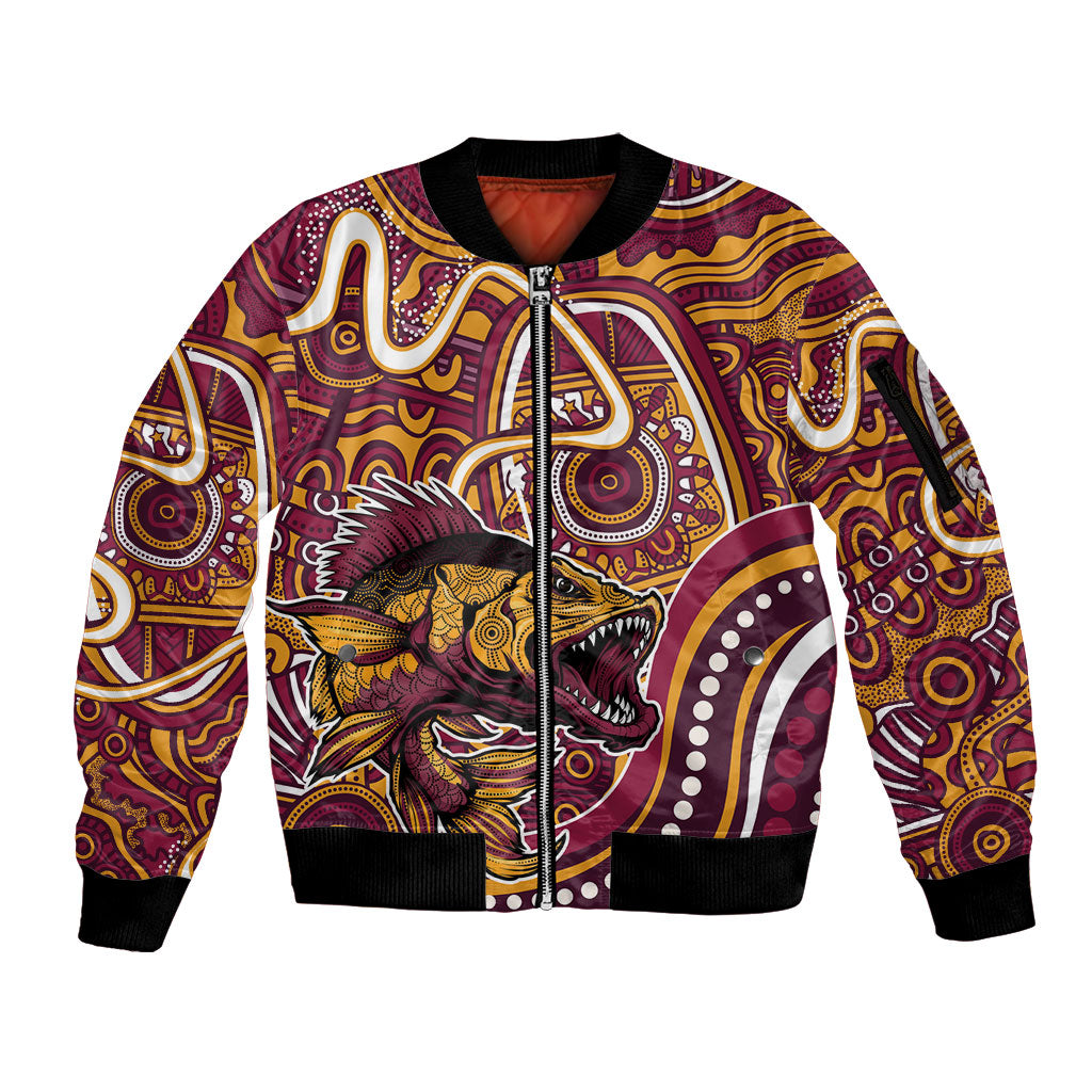 Aboriginal Barramundi Fishing Fear What Lurks Below Sleeve Zip Bomber Jacket Indigenous Australian Dot Predatory Fish