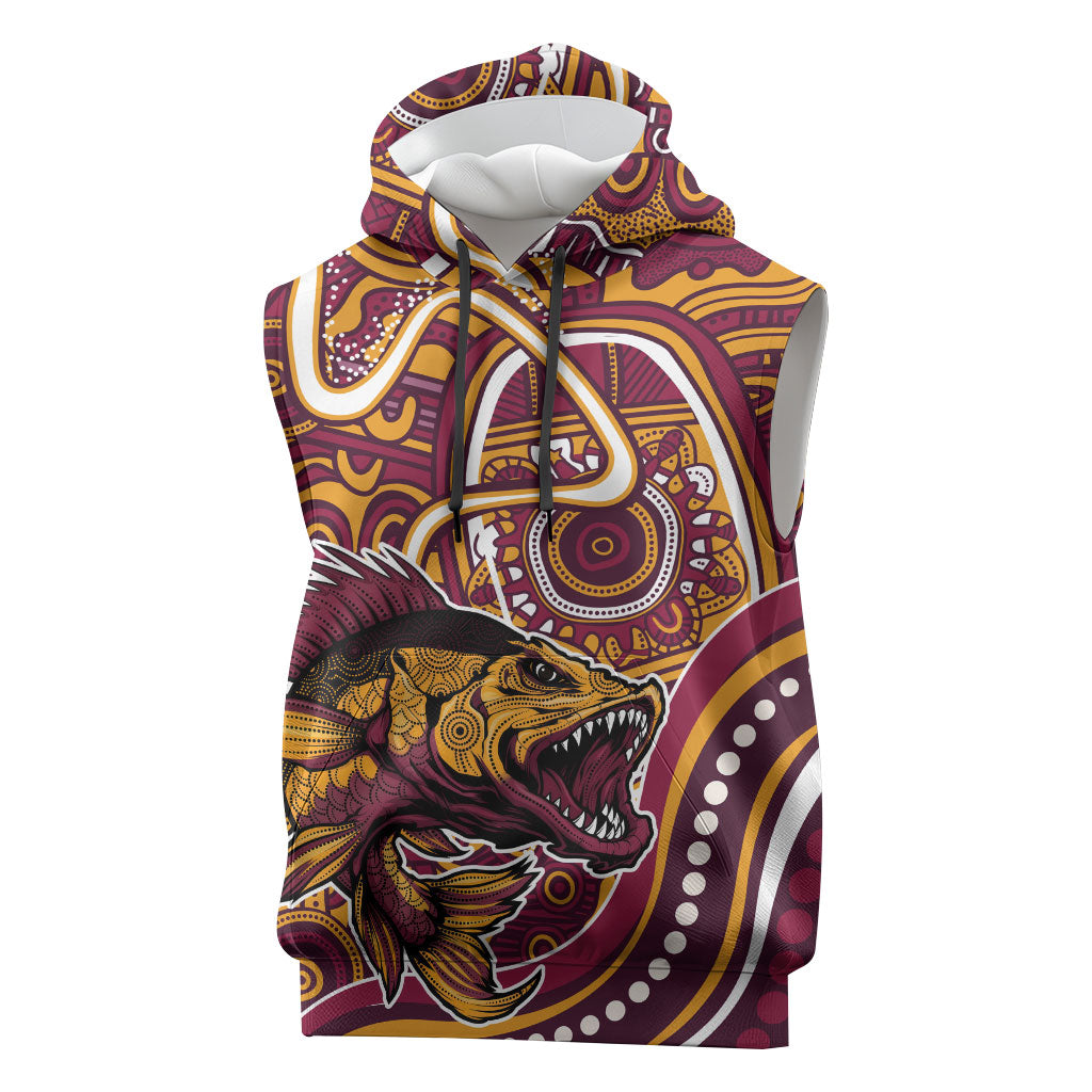 Aboriginal Barramundi Fishing Fear What Lurks Below Sleeveless Hoodie Indigenous Australian Dot Predatory Fish
