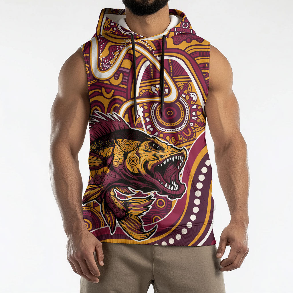 Aboriginal Barramundi Fishing Fear What Lurks Below Sleeveless Hoodie Indigenous Australian Dot Predatory Fish