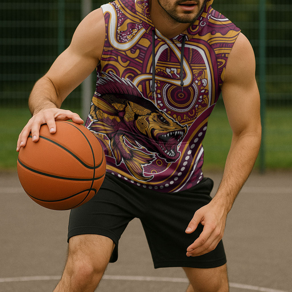 Aboriginal Barramundi Fishing Fear What Lurks Below Sleeveless Hoodie Indigenous Australian Dot Predatory Fish