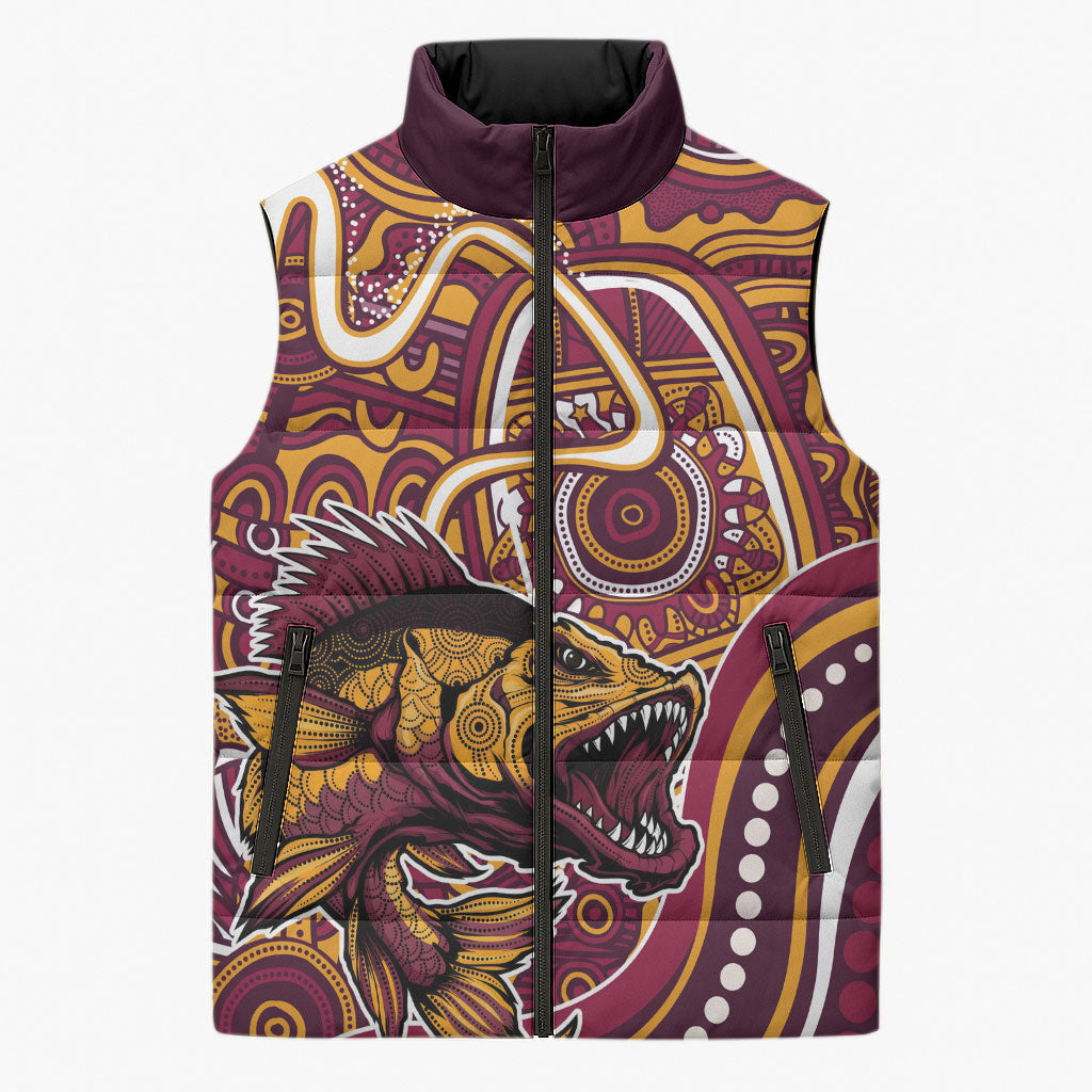 Aboriginal Barramundi Fishing Fear What Lurks Below Sleeveless Puffer Jacket Indigenous Australian Dot Predatory Fish