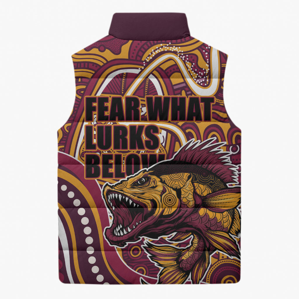 Aboriginal Barramundi Fishing Fear What Lurks Below Sleeveless Puffer Jacket Indigenous Australian Dot Predatory Fish