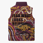 Aboriginal Barramundi Fishing Fear What Lurks Below Sleeveless Puffer Jacket Indigenous Australian Dot Predatory Fish