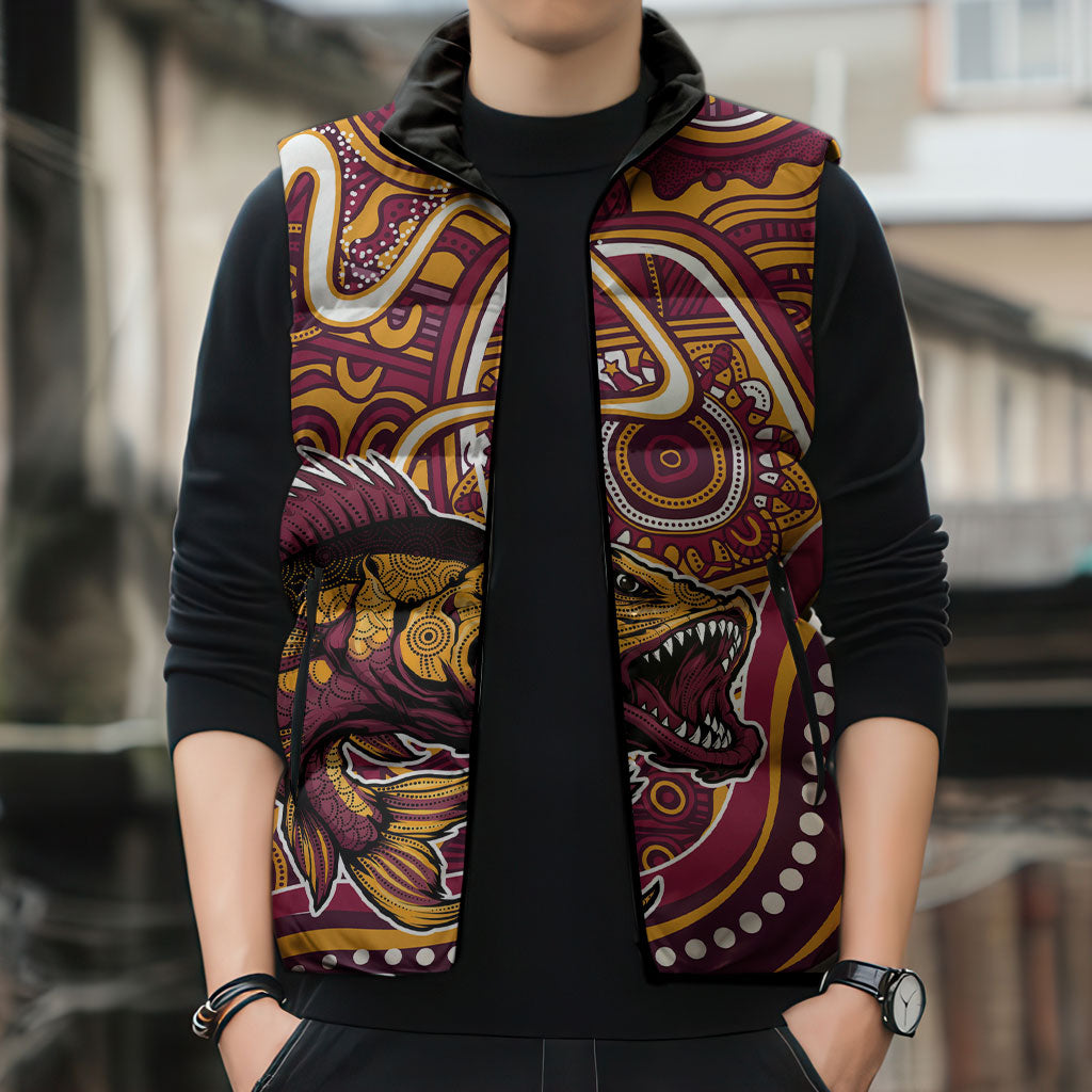 Aboriginal Barramundi Fishing Fear What Lurks Below Sleeveless Puffer Jacket Indigenous Australian Dot Predatory Fish