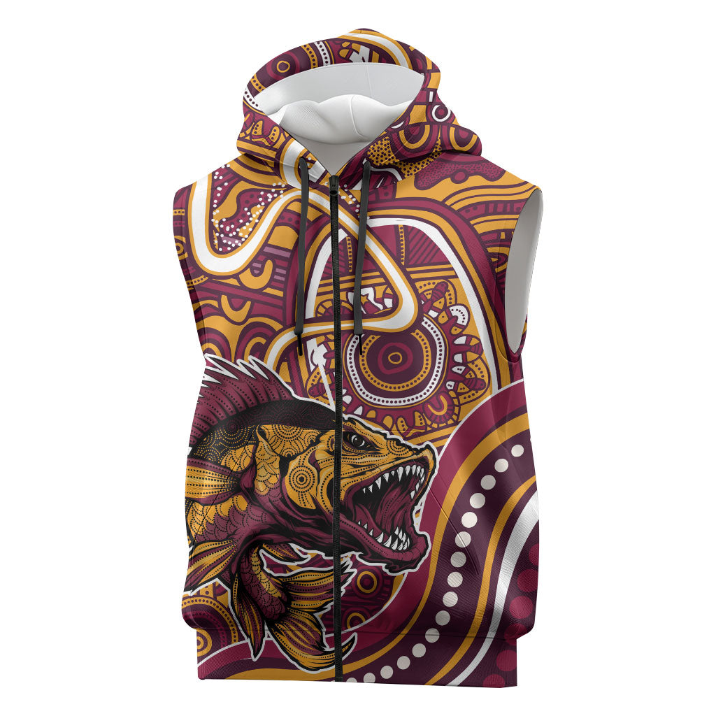 Aboriginal Barramundi Fishing Fear What Lurks Below Sleeveless Zip Hoodie Indigenous Australian Dot Predatory Fish