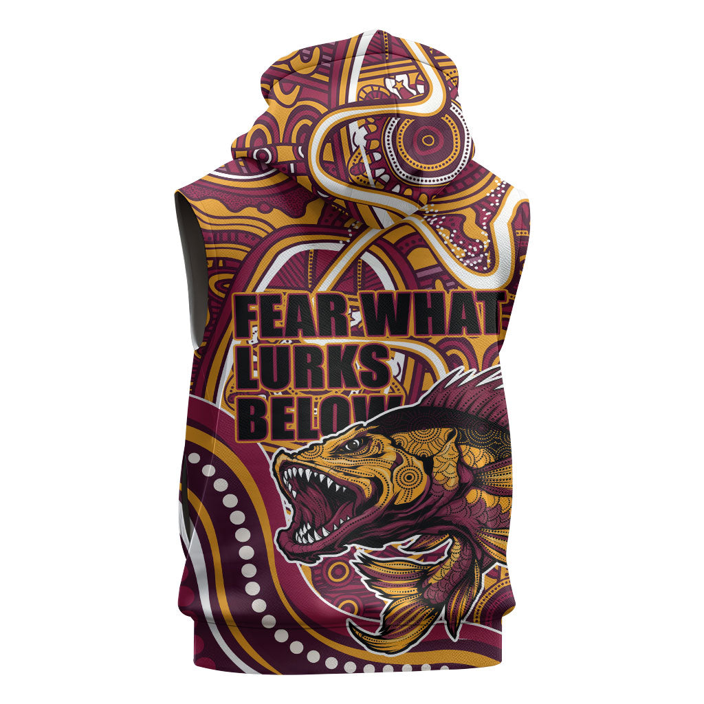 Aboriginal Barramundi Fishing Fear What Lurks Below Sleeveless Zip Hoodie Indigenous Australian Dot Predatory Fish