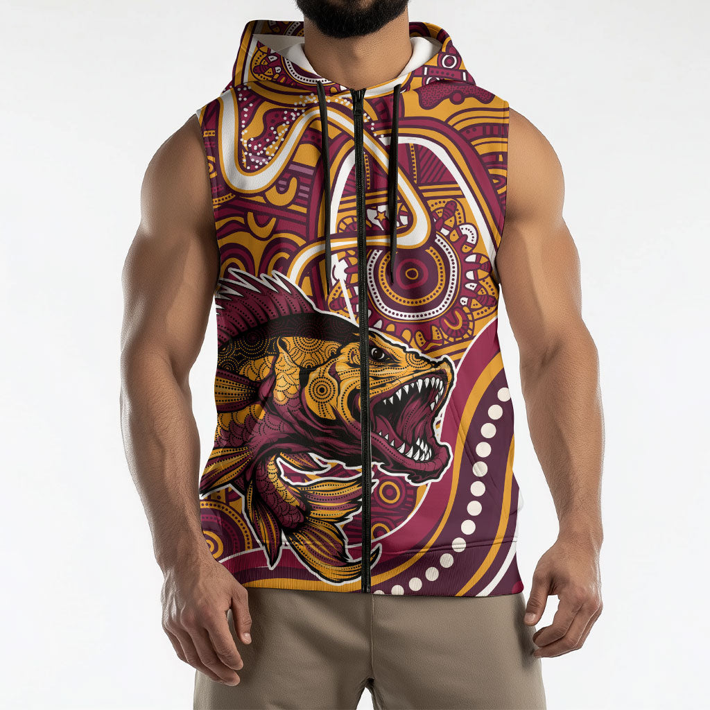 Aboriginal Barramundi Fishing Fear What Lurks Below Sleeveless Zip Hoodie Indigenous Australian Dot Predatory Fish