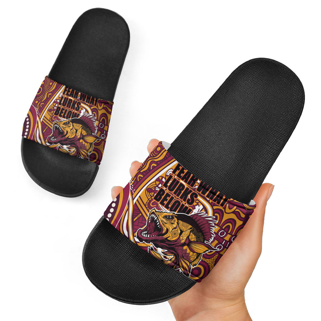 Aboriginal Barramundi Fishing Fear What Lurks Below Slide Sandals Indigenous Australian Dot Predatory Fish