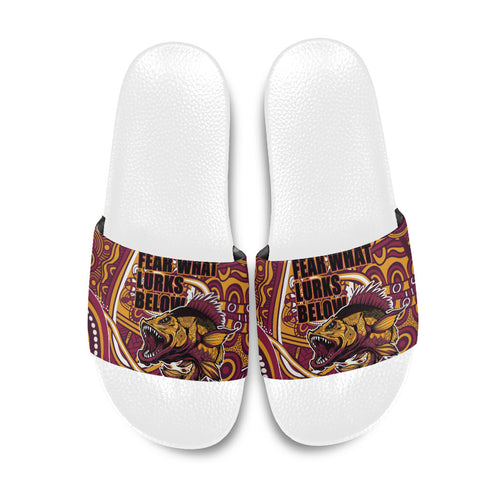 Aboriginal Barramundi Fishing Fear What Lurks Below Slide Sandals Indigenous Australian Dot Predatory Fish