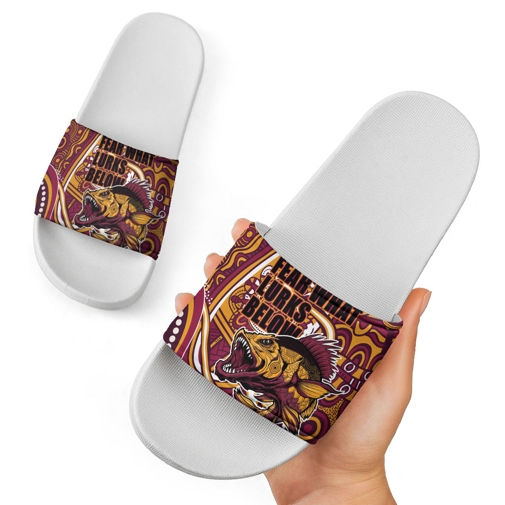 Aboriginal Barramundi Fishing Fear What Lurks Below Slide Sandals Indigenous Australian Dot Predatory Fish