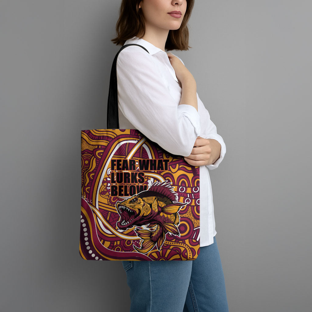 Aboriginal Barramundi Fishing Fear What Lurks Below Tote Bag Indigenous Australian Dot Predatory Fish