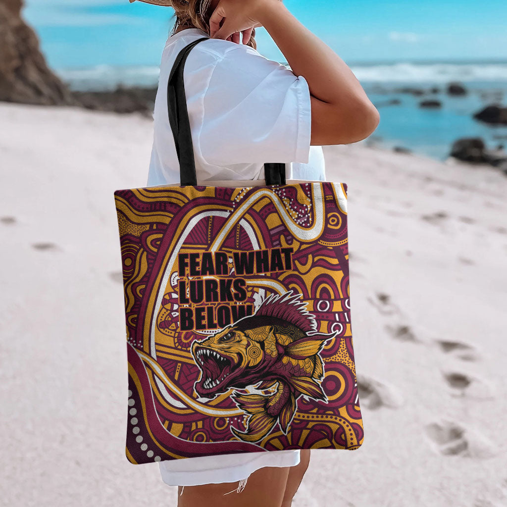 Aboriginal Barramundi Fishing Fear What Lurks Below Tote Bag Indigenous Australian Dot Predatory Fish