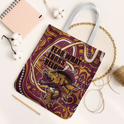 Aboriginal Barramundi Fishing Fear What Lurks Below Tote Bag Indigenous Australian Dot Predatory Fish