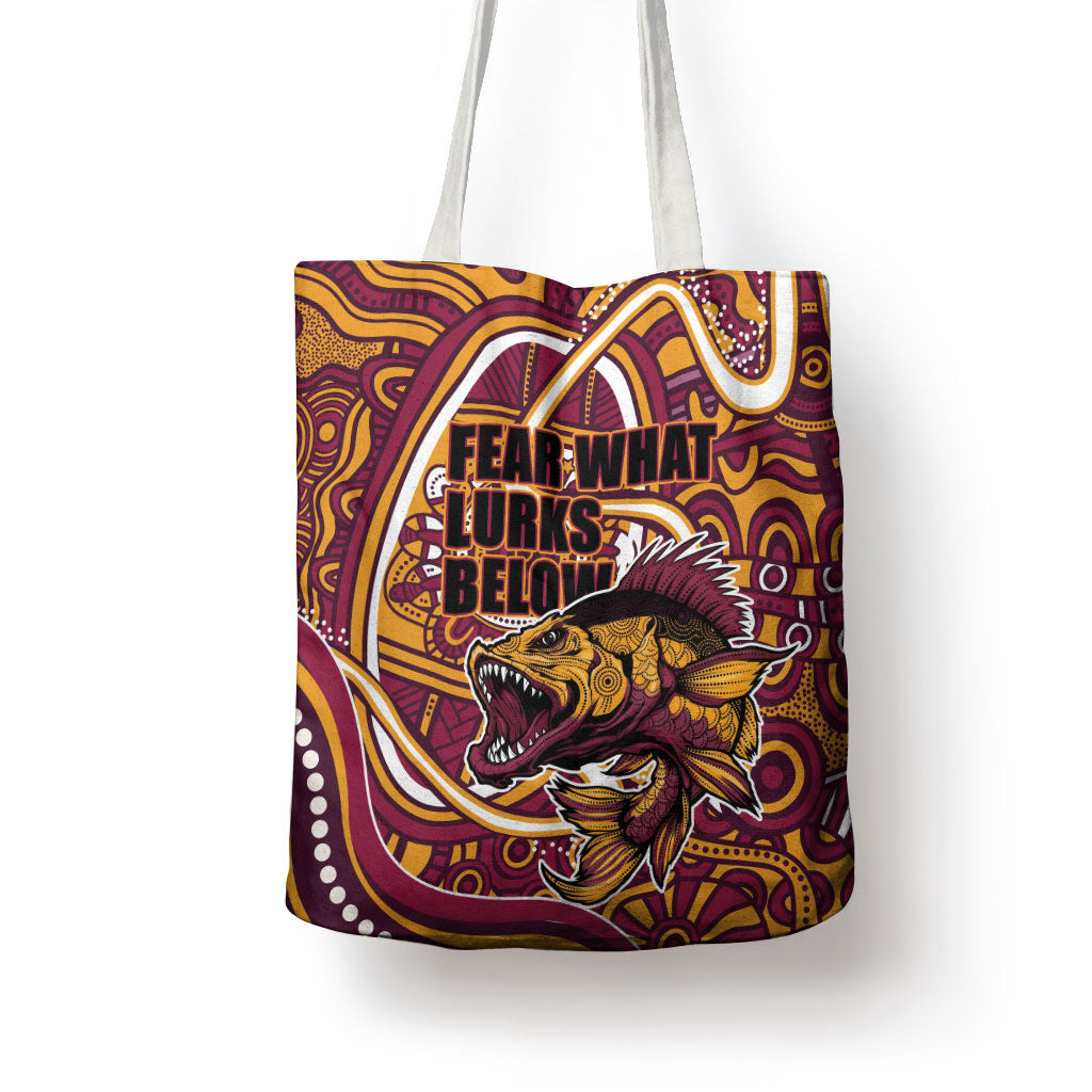 Aboriginal Barramundi Fishing Fear What Lurks Below Tote Bag Indigenous Australian Dot Predatory Fish