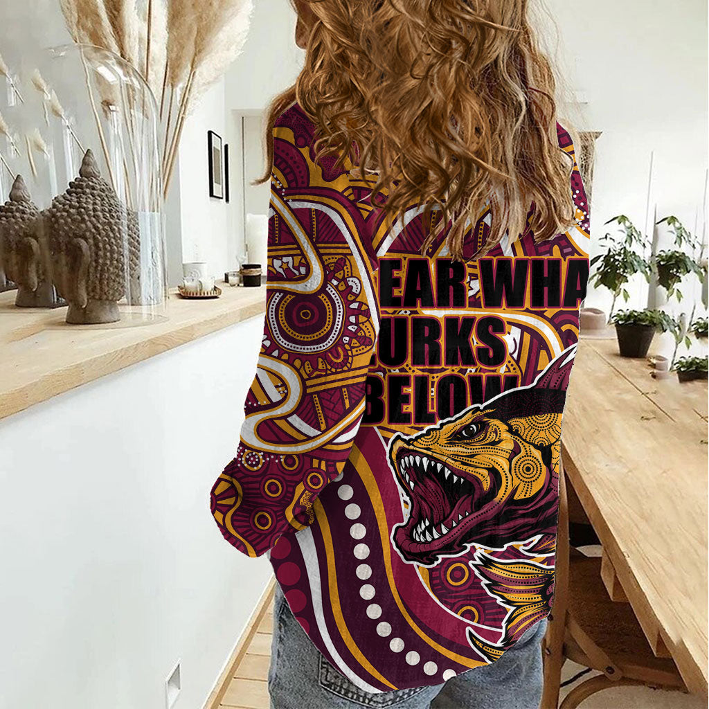Aboriginal Barramundi Fishing Fear What Lurks Below Women Casual Shirt Indigenous Australian Dot Predatory Fish