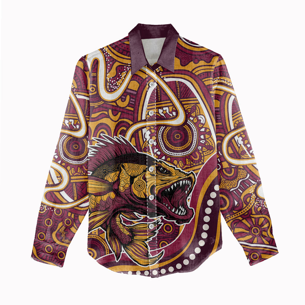Aboriginal Barramundi Fishing Fear What Lurks Below Women Casual Shirt Indigenous Australian Dot Predatory Fish