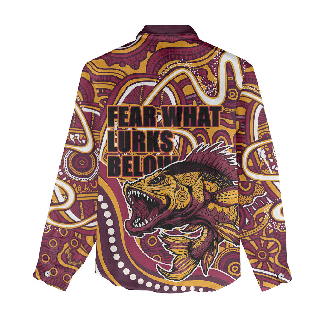 Aboriginal Barramundi Fishing Fear What Lurks Below Women Casual Shirt Indigenous Australian Dot Predatory Fish