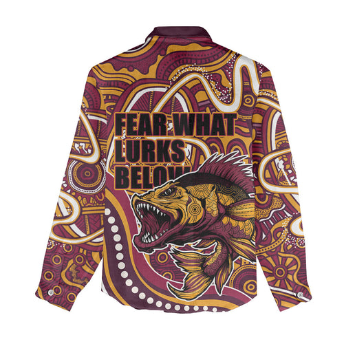 Aboriginal Barramundi Fishing Fear What Lurks Below Women Casual Shirt Indigenous Australian Dot Predatory Fish