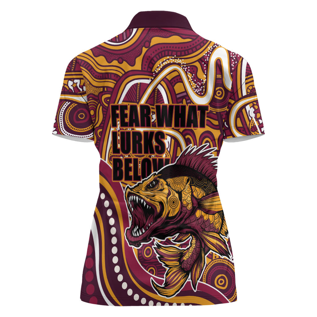 Aboriginal Barramundi Fishing Fear What Lurks Below Women Polo Shirt Indigenous Australian Dot Predatory Fish