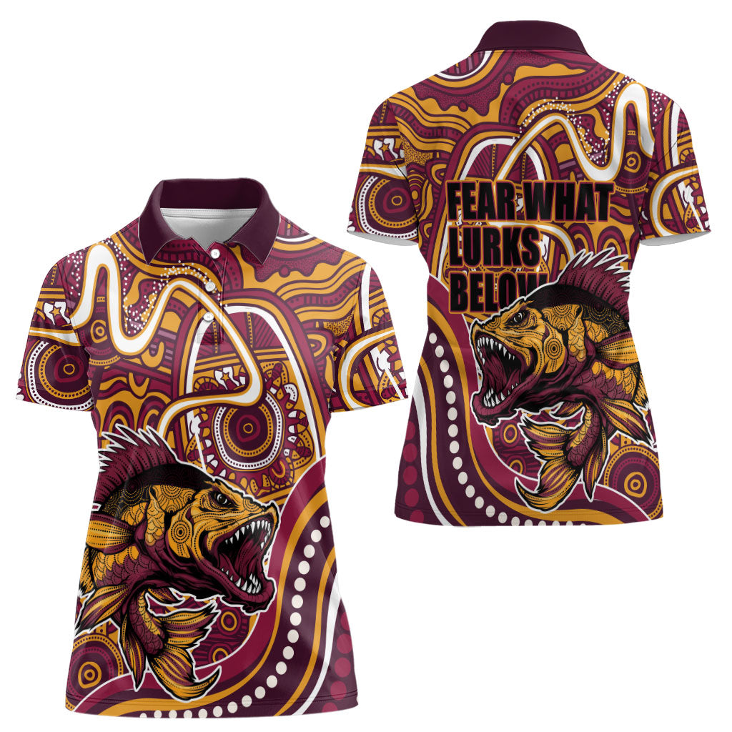 Aboriginal Barramundi Fishing Fear What Lurks Below Women Polo Shirt Indigenous Australian Dot Predatory Fish