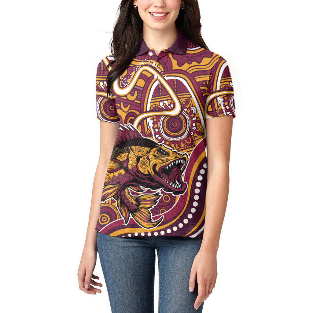 Aboriginal Barramundi Fishing Fear What Lurks Below Women Polo Shirt Indigenous Australian Dot Predatory Fish