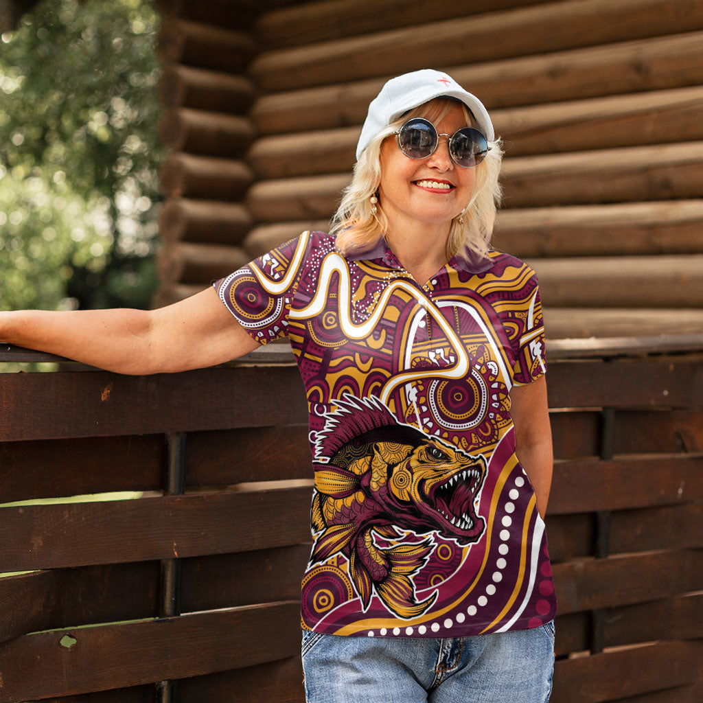 Aboriginal Barramundi Fishing Fear What Lurks Below Women Polo Shirt Indigenous Australian Dot Predatory Fish