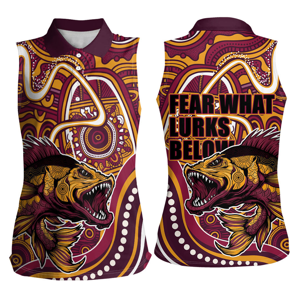 Aboriginal Barramundi Fishing Fear What Lurks Below Women Sleeveless Polo Shirt Indigenous Australian Dot Predatory Fish