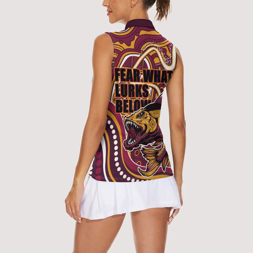 Aboriginal Barramundi Fishing Fear What Lurks Below Women Sleeveless Polo Shirt Indigenous Australian Dot Predatory Fish