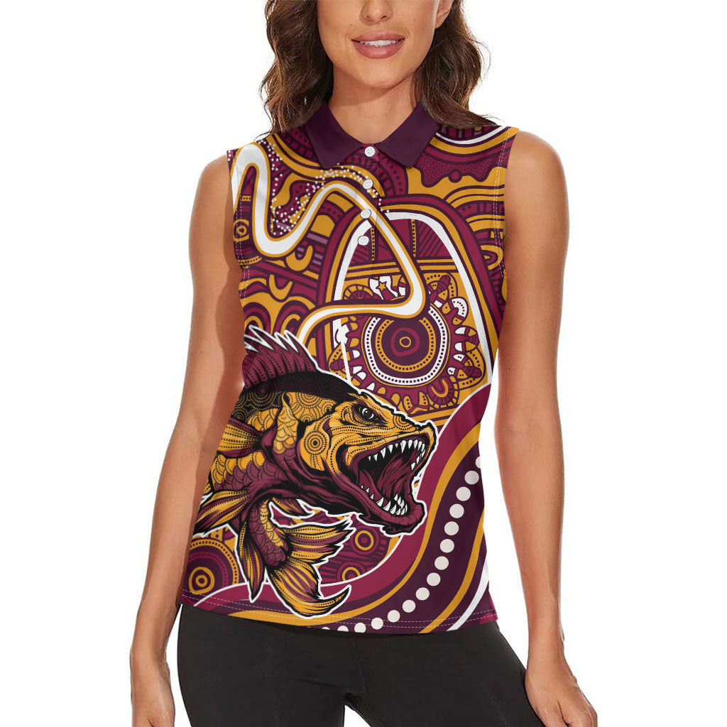 Aboriginal Barramundi Fishing Fear What Lurks Below Women Sleeveless Polo Shirt Indigenous Australian Dot Predatory Fish