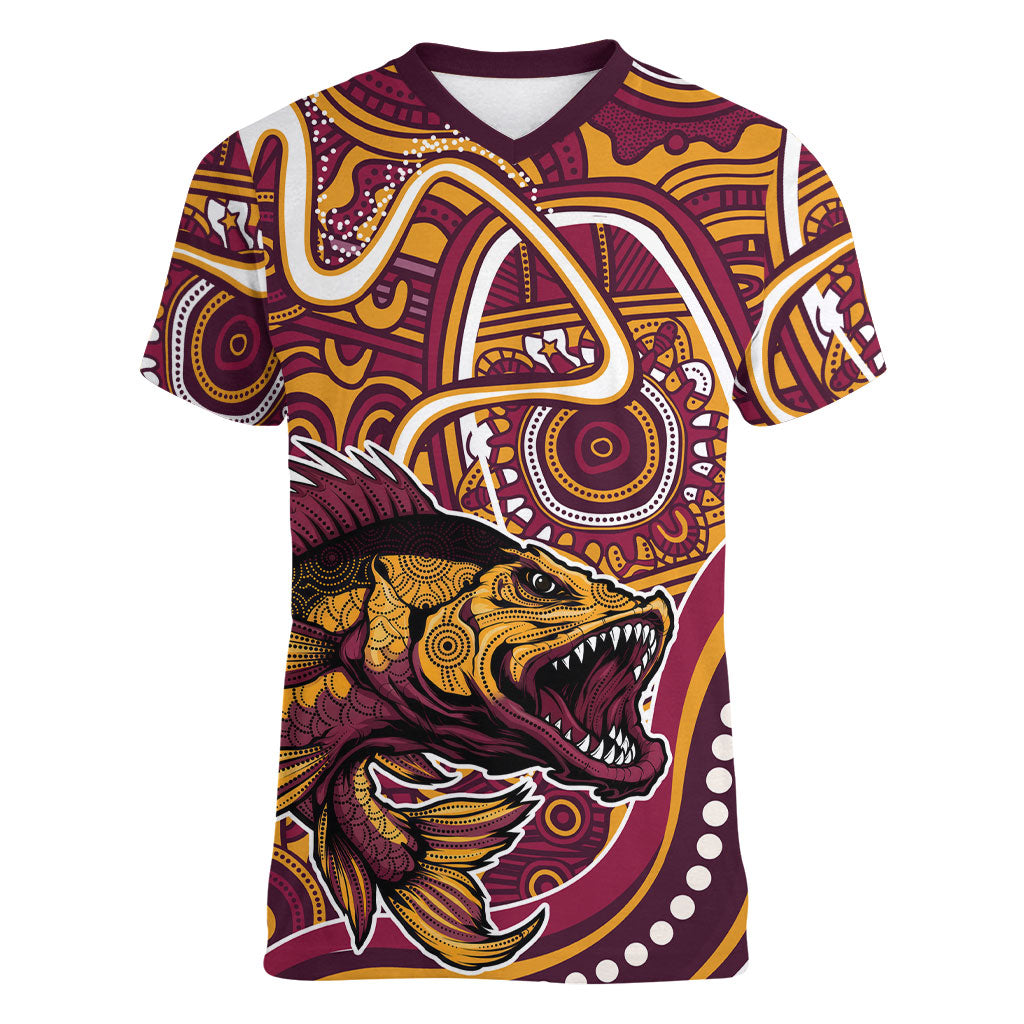 Aboriginal Barramundi Fishing Fear What Lurks Below Women V-Neck T-Shirt Indigenous Australian Dot Predatory Fish