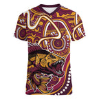 Aboriginal Barramundi Fishing Fear What Lurks Below Women V-Neck T-Shirt Indigenous Australian Dot Predatory Fish