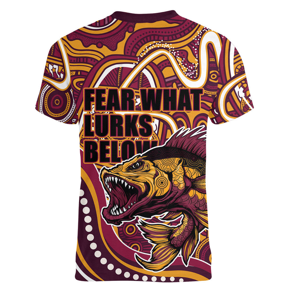 Aboriginal Barramundi Fishing Fear What Lurks Below Women V-Neck T-Shirt Indigenous Australian Dot Predatory Fish
