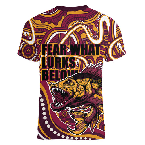 Aboriginal Barramundi Fishing Fear What Lurks Below Women V-Neck T-Shirt Indigenous Australian Dot Predatory Fish