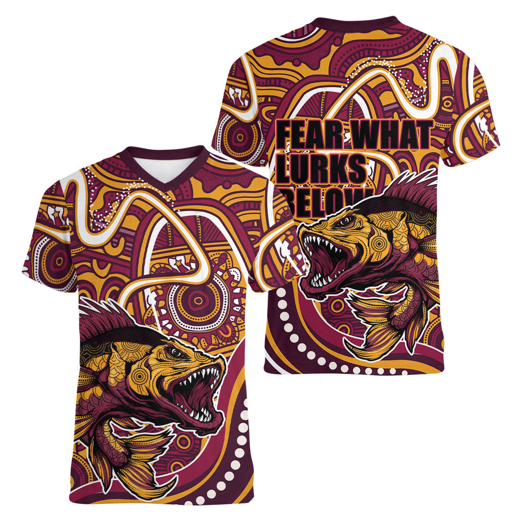 Aboriginal Barramundi Fishing Fear What Lurks Below Women V-Neck T-Shirt Indigenous Australian Dot Predatory Fish