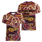 Aboriginal Barramundi Fishing Fear What Lurks Below Women V-Neck T-Shirt Indigenous Australian Dot Predatory Fish