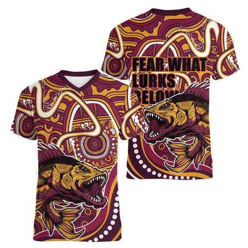Aboriginal Barramundi Fishing Fear What Lurks Below Women V-Neck T-Shirt Indigenous Australian Dot Predatory Fish