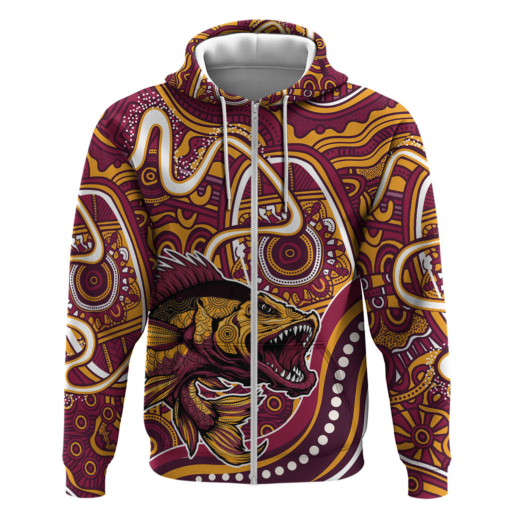 Aboriginal Barramundi Fishing Fear What Lurks Below Zip Hoodie Indigenous Australian Dot Predatory Fish